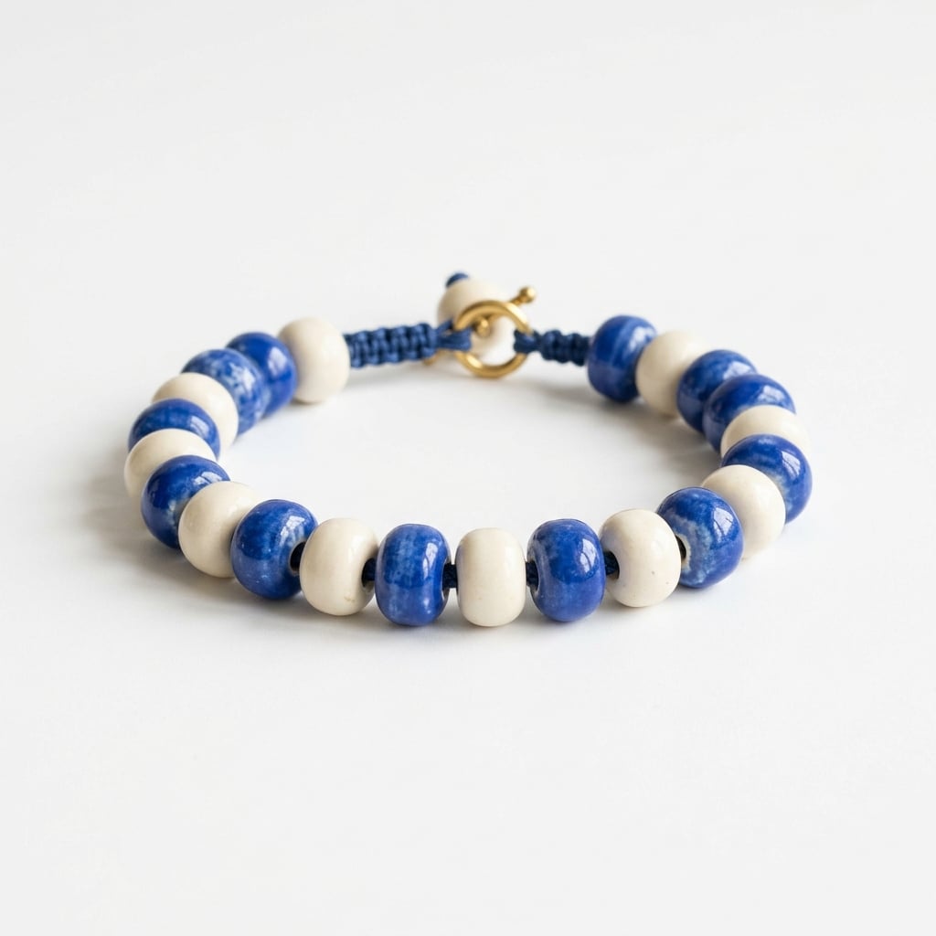 Blue and white ceramic bead bracelet